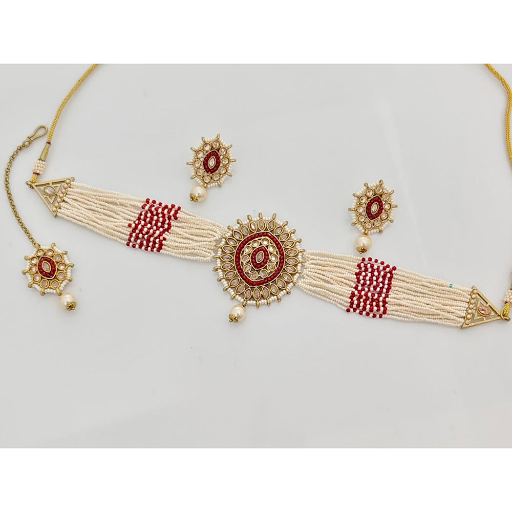 Rajwadi Collection Sparkling Crystal Stone And Pearl Choker Necklace Set