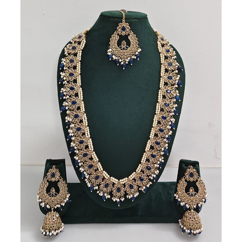 Rajwadi Collection Sparkling Crystal Stone And Pearl Long Necklace Set