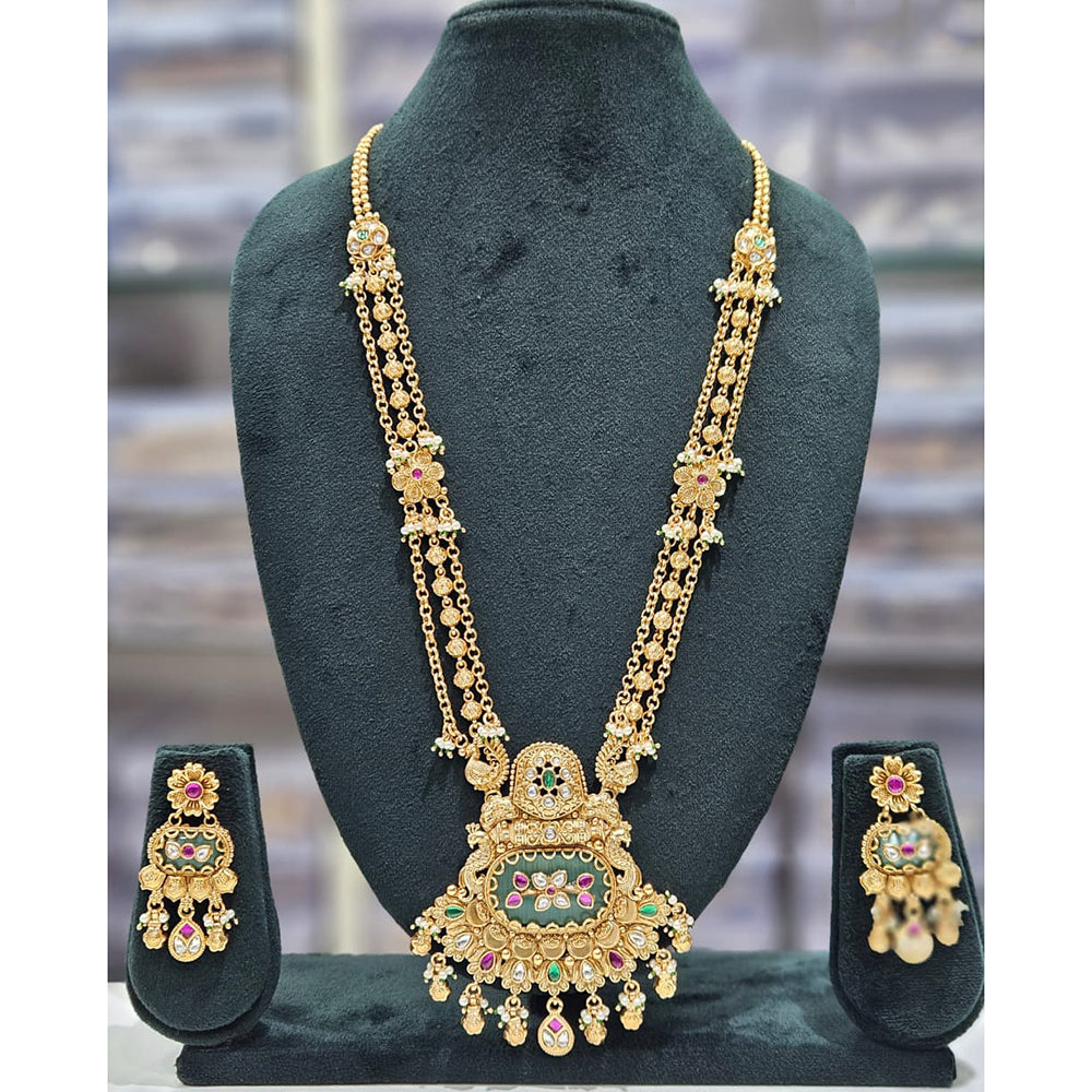 Rajwadi Collection Premium Pota Stone And Pearl Ethnic Long Necklace Set