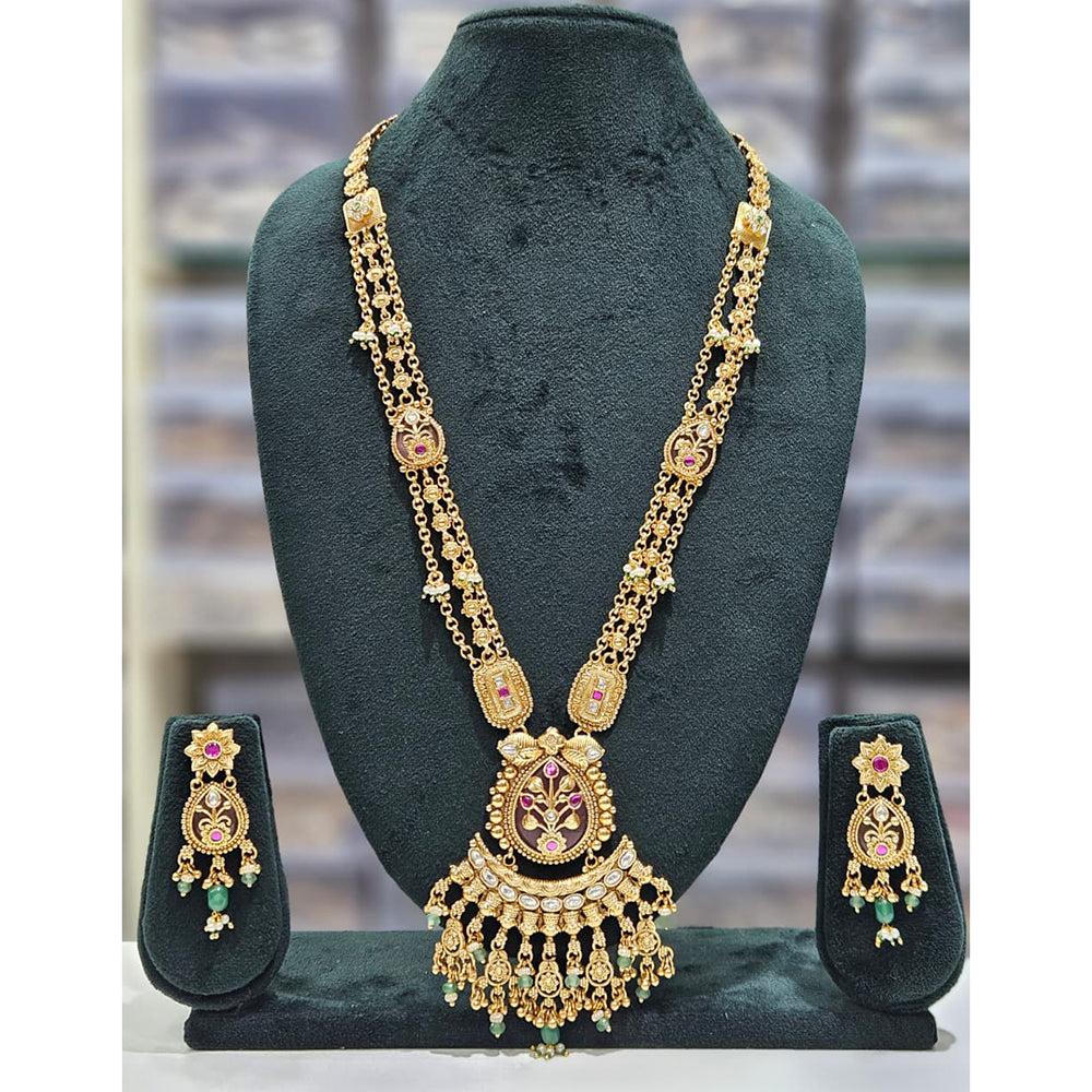 Rajwadi Collection Premium Pota Stone And Pearl Ethnic Long Necklace Set