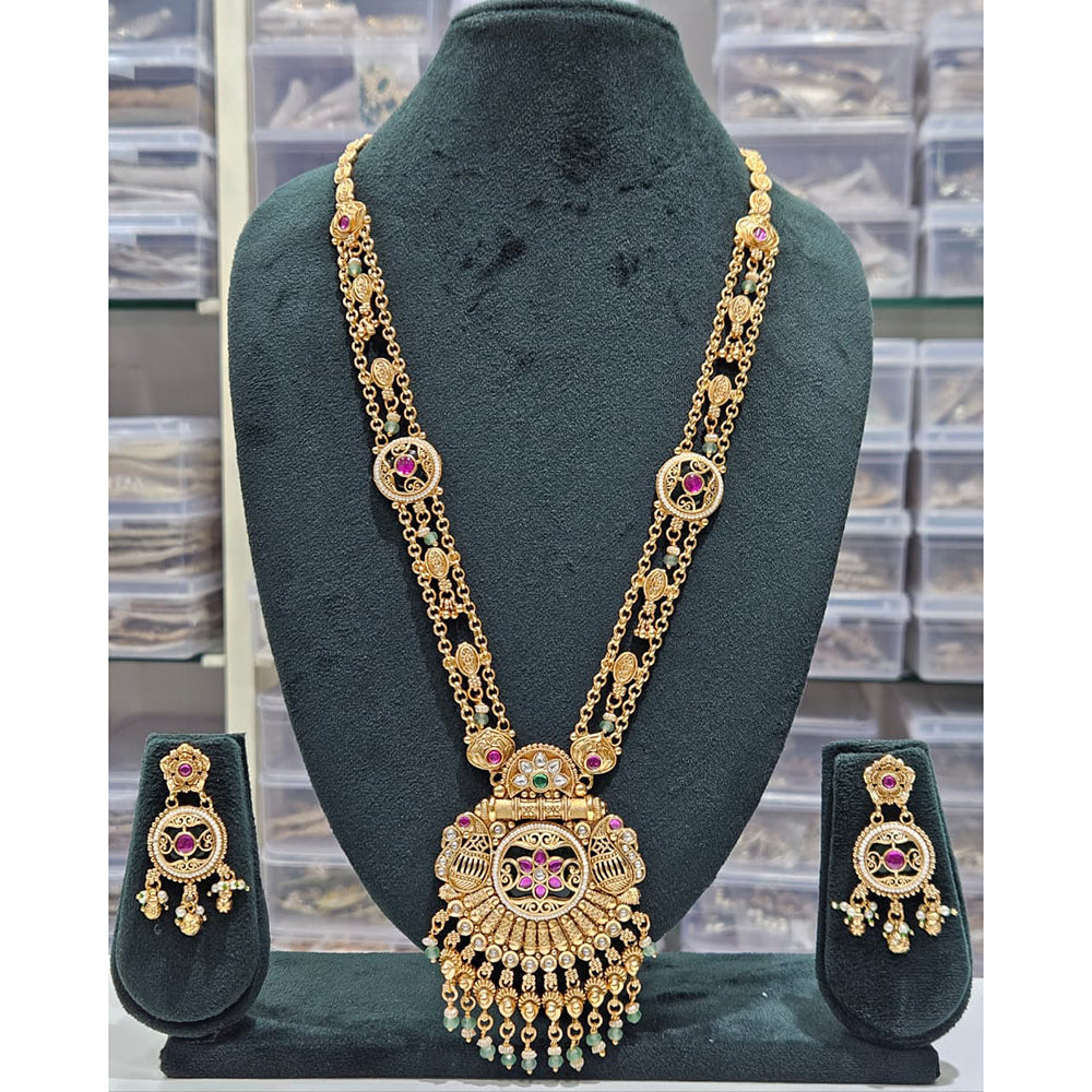 Rajwadi Collection Premium Pota Stone And Pearl Ethnic Long Necklace Set