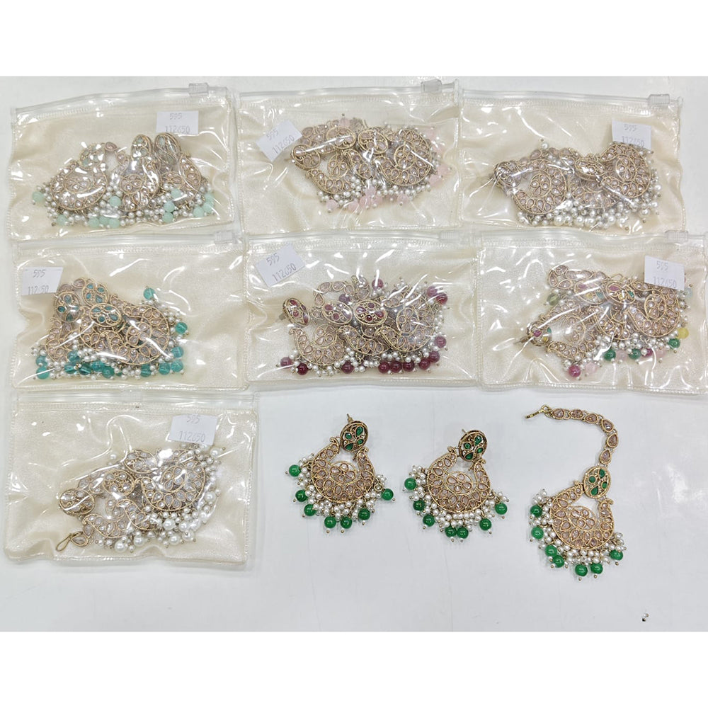 Rajwadi Collection Premium Shine Crystal And Pearl Dangler Earrings With Maangtikka