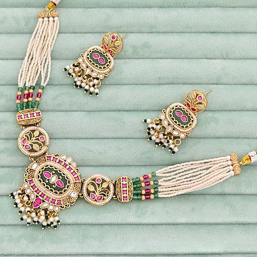 Rajwadi Collection Pota Stone And Pearl Necklace Set