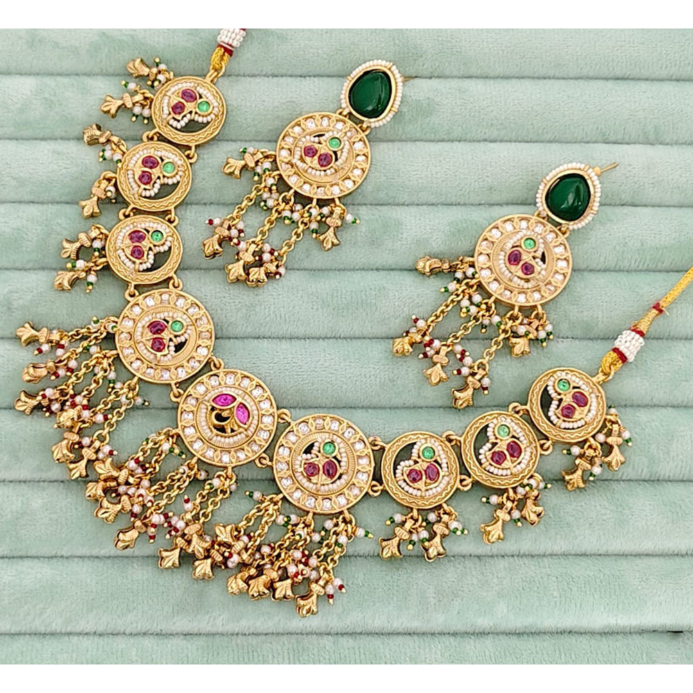 Rajwadi Collection Pota Stone And Pearl Necklace Set