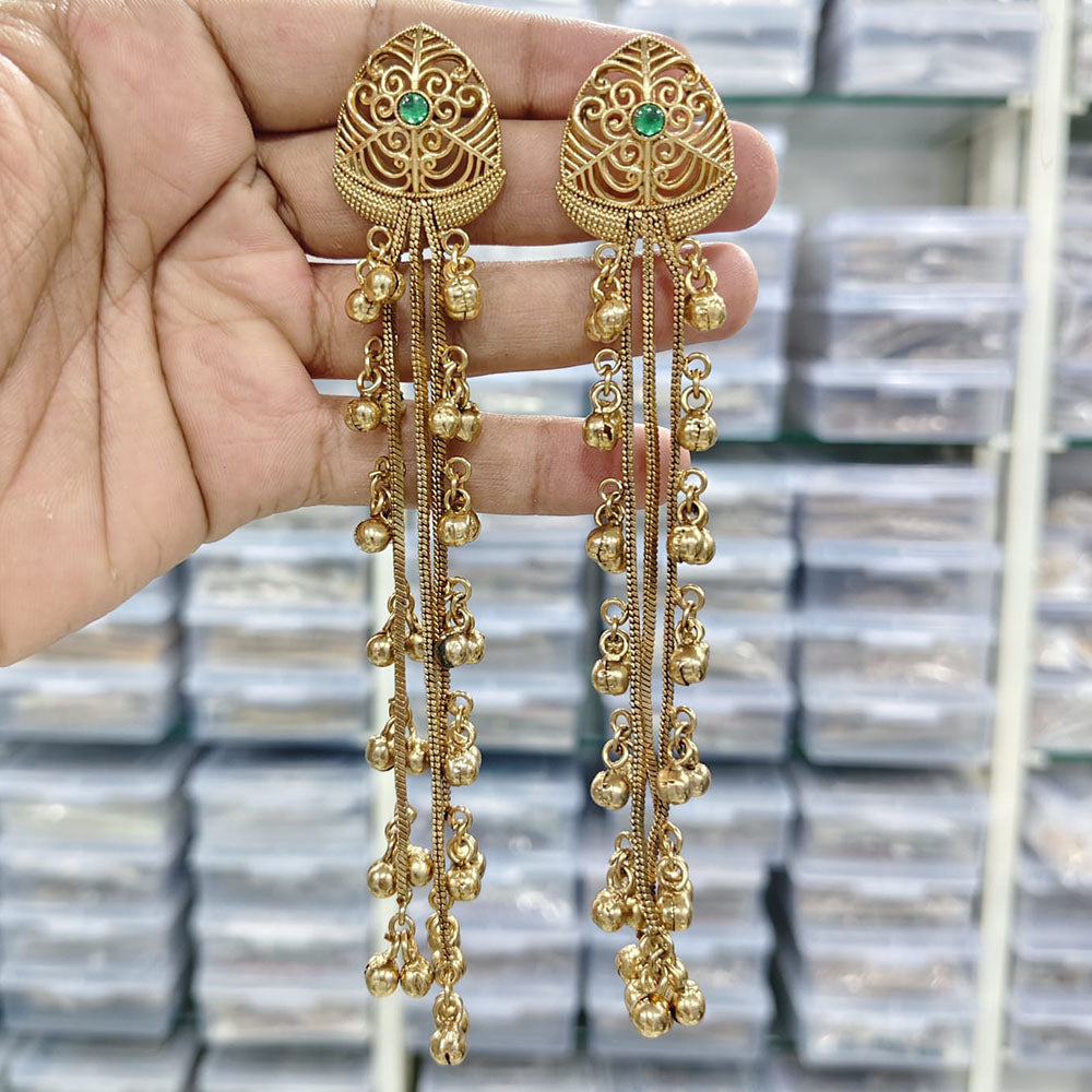 Rajwadi Collection Royal Kashmiri Long Pota Stone And Ghungroo Dangler Earrings
