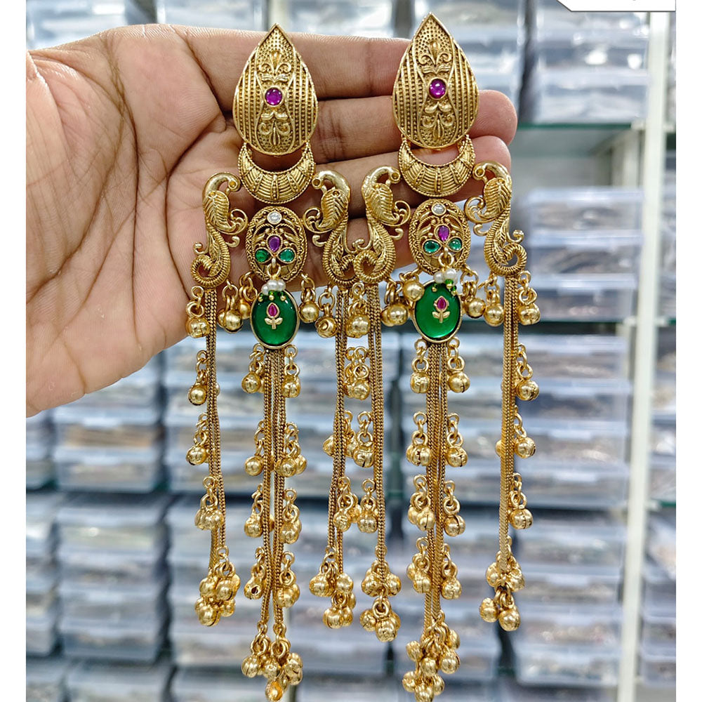 Rajwadi Collection Royal Kashmiri Long Pota Stone And Ghungroo Dangler Earrings