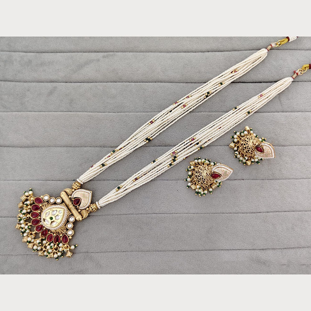 Rajwadi Collection Royal Pota Stone And Pearl Meenakari Long Necklace Set