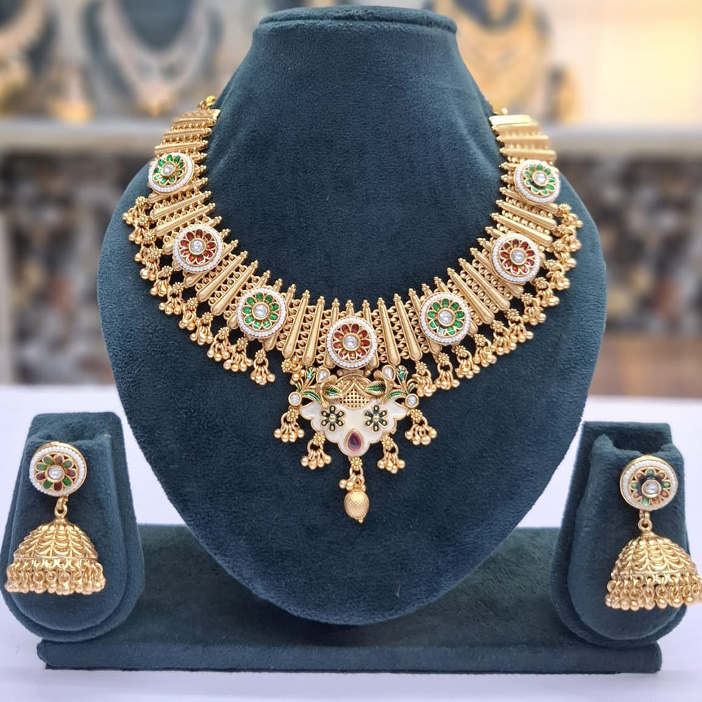 Rajwadi Collection Heritage Pota Stone And Pearl Meenakari Necklace Set