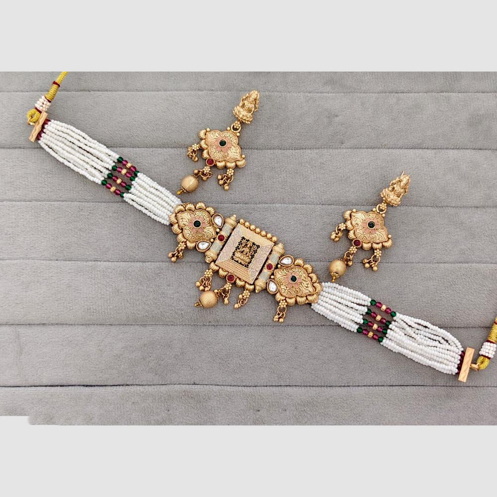 Rajwadi Collection Pota Stone And Pearl Meenakari Statement Temple Choker Necklace Set