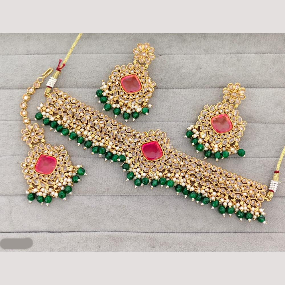 Rajwadi Collection Crystal Stone & Beads Gold Plated Necklace Set