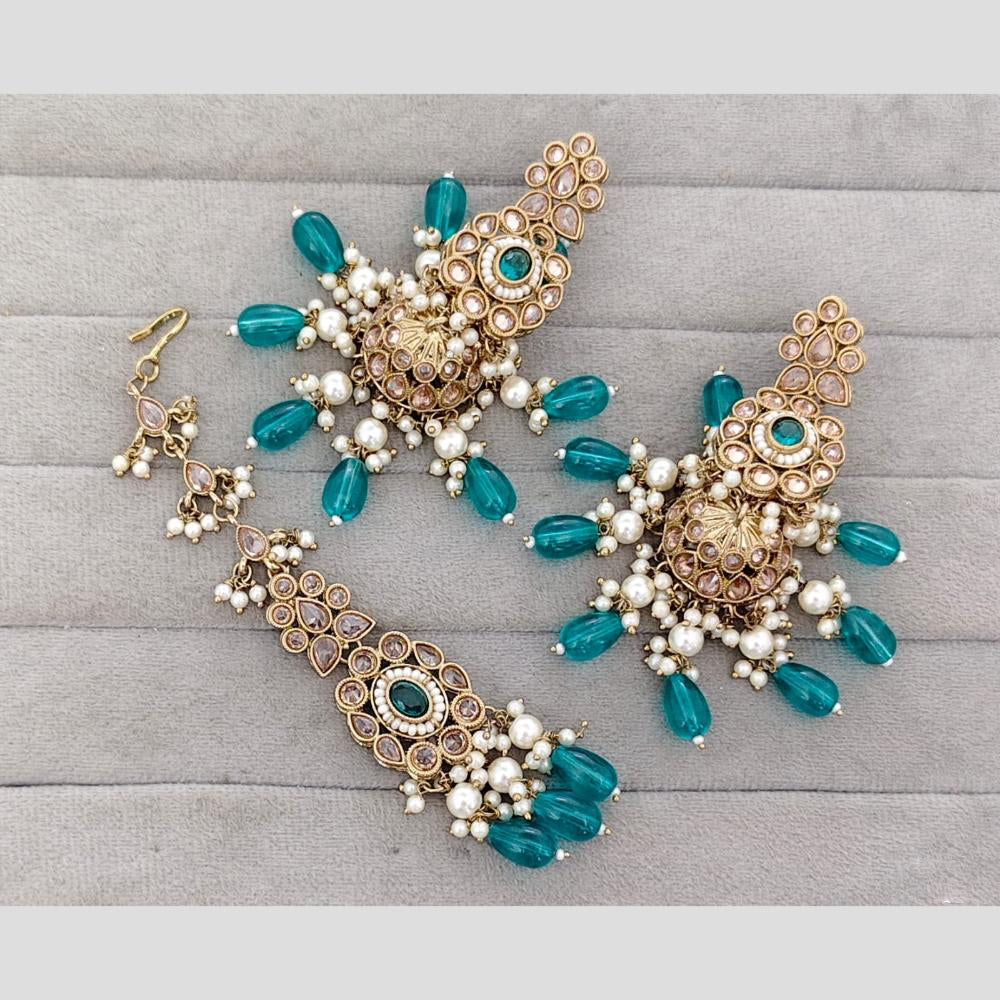 Rajwadi Collection Royal Crystal Stone And Pearl Designer Jhumki Earrings With Maangtikka