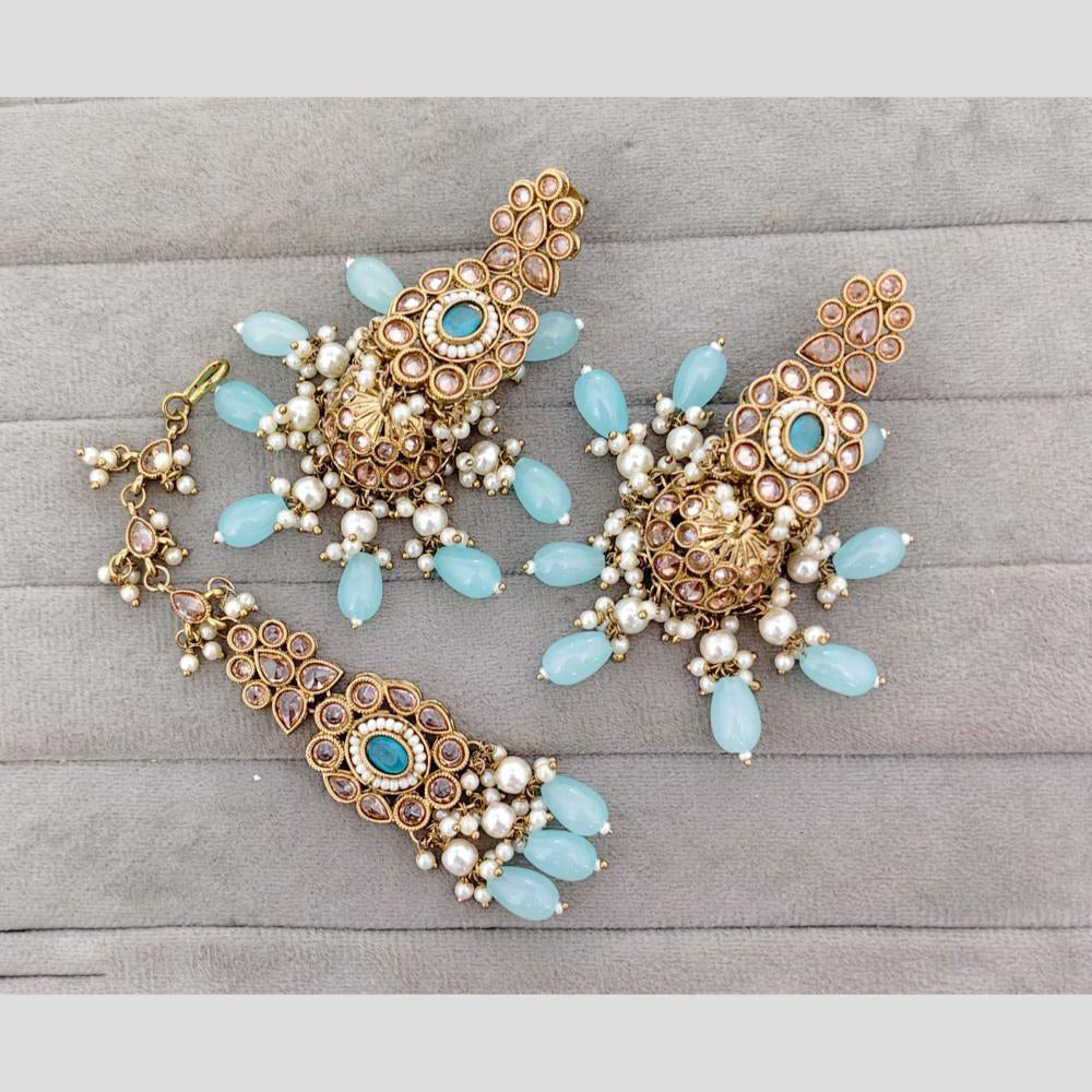 Rajwadi Collection Royal Crystal Stone And Pearl Designer Jhumki Earrings With Maangtikka