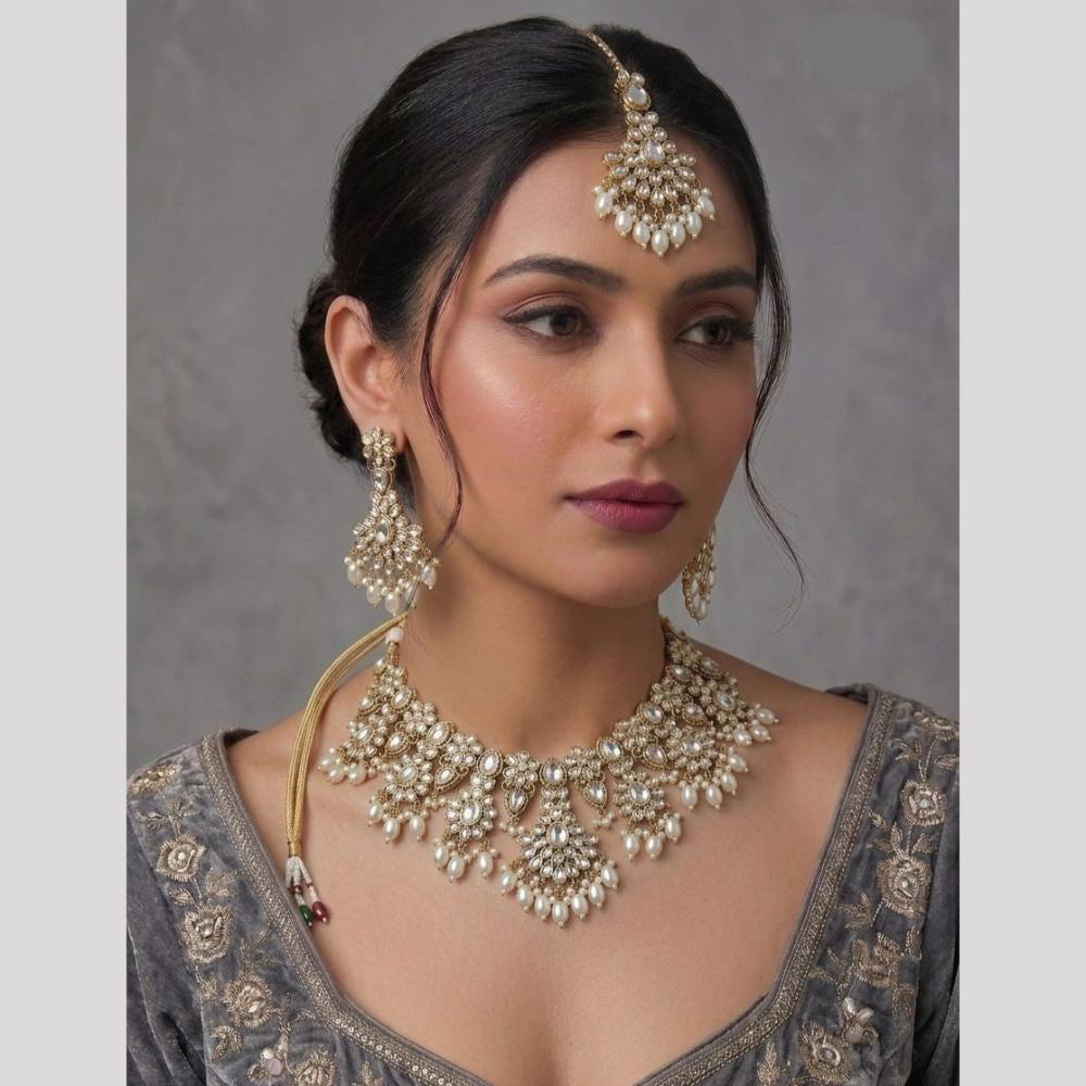 Rajwadi Collection Glam Pota Stone Beads And Pearl Traditional Choker Necklace Set
