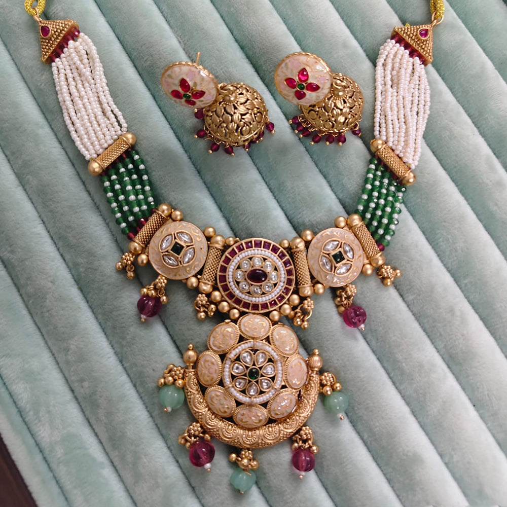 Rajwadi Collection Premium Pota Stone And Pearl Meenakari Necklace Set