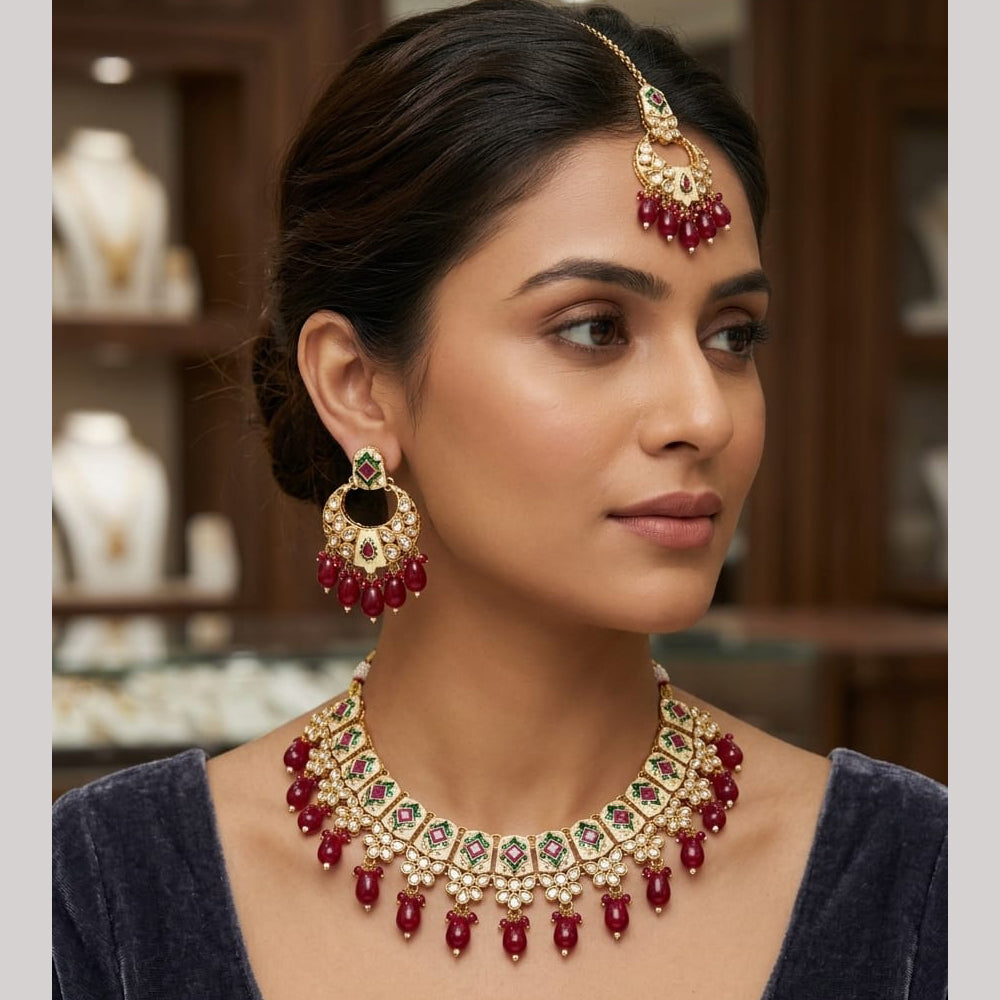 Rajwadi Collection Royal Kundan Stone And Beads Meenakari Necklace Set