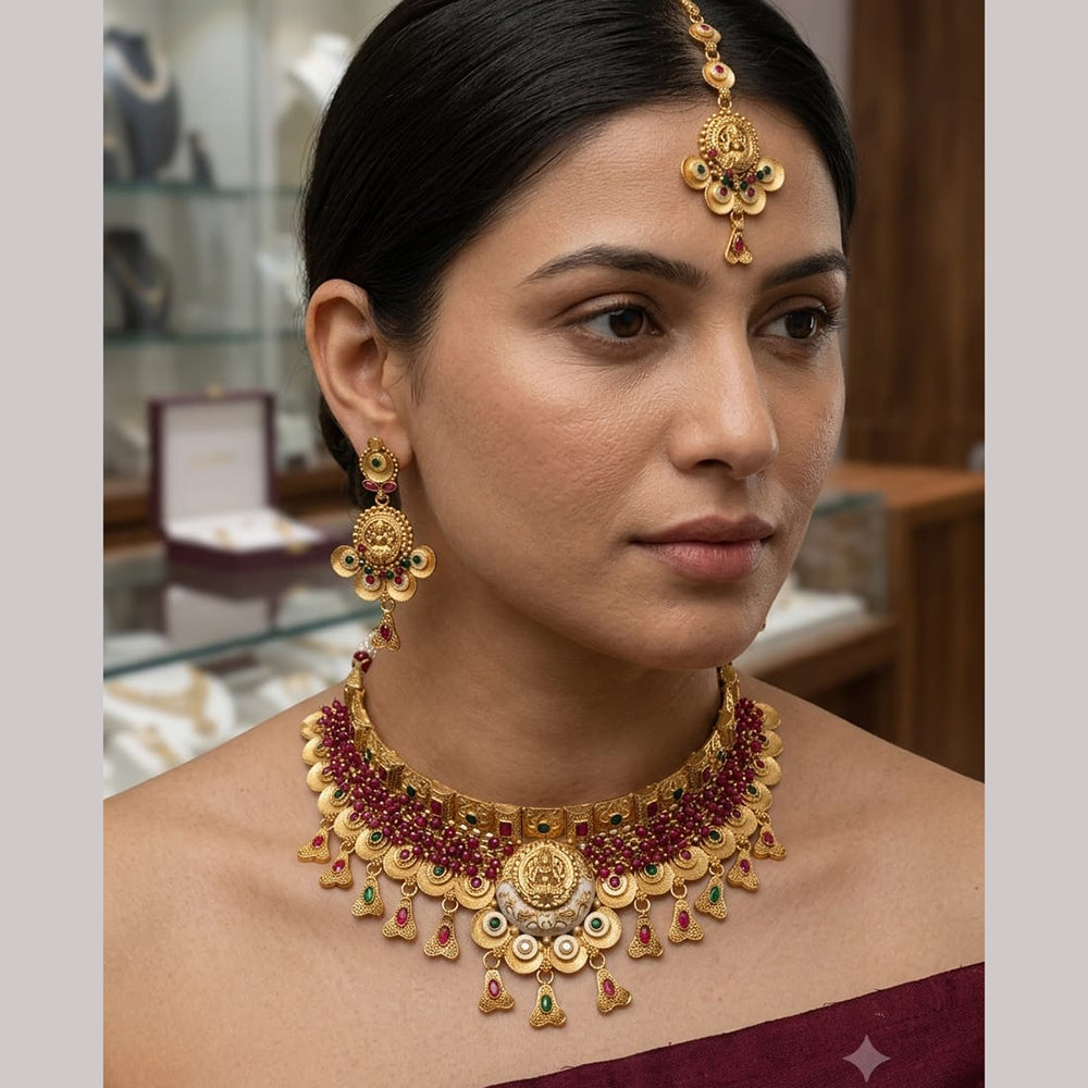 Rajwadi Collection Premium Pota Stone And Pearl Choker Necklace Set