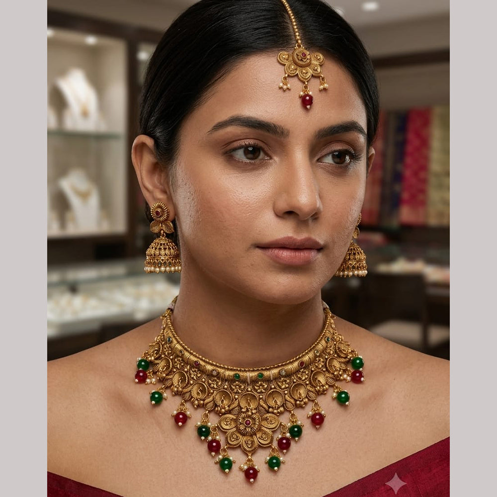 Rajwadi Collection Premium Pota Stone And Pearl Choker Necklace Set