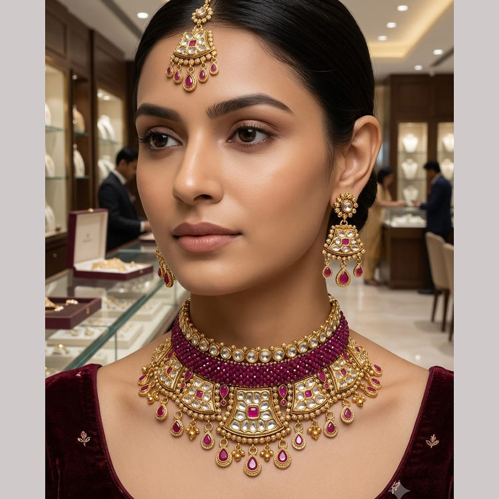 Rajwadi Collection Premium Pota Stone And Pearl Choker Necklace Set