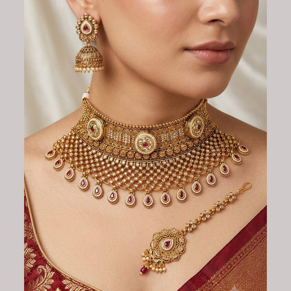 Rajwadi Collection Premium Pota Stone And Pearl Choker Necklace Set