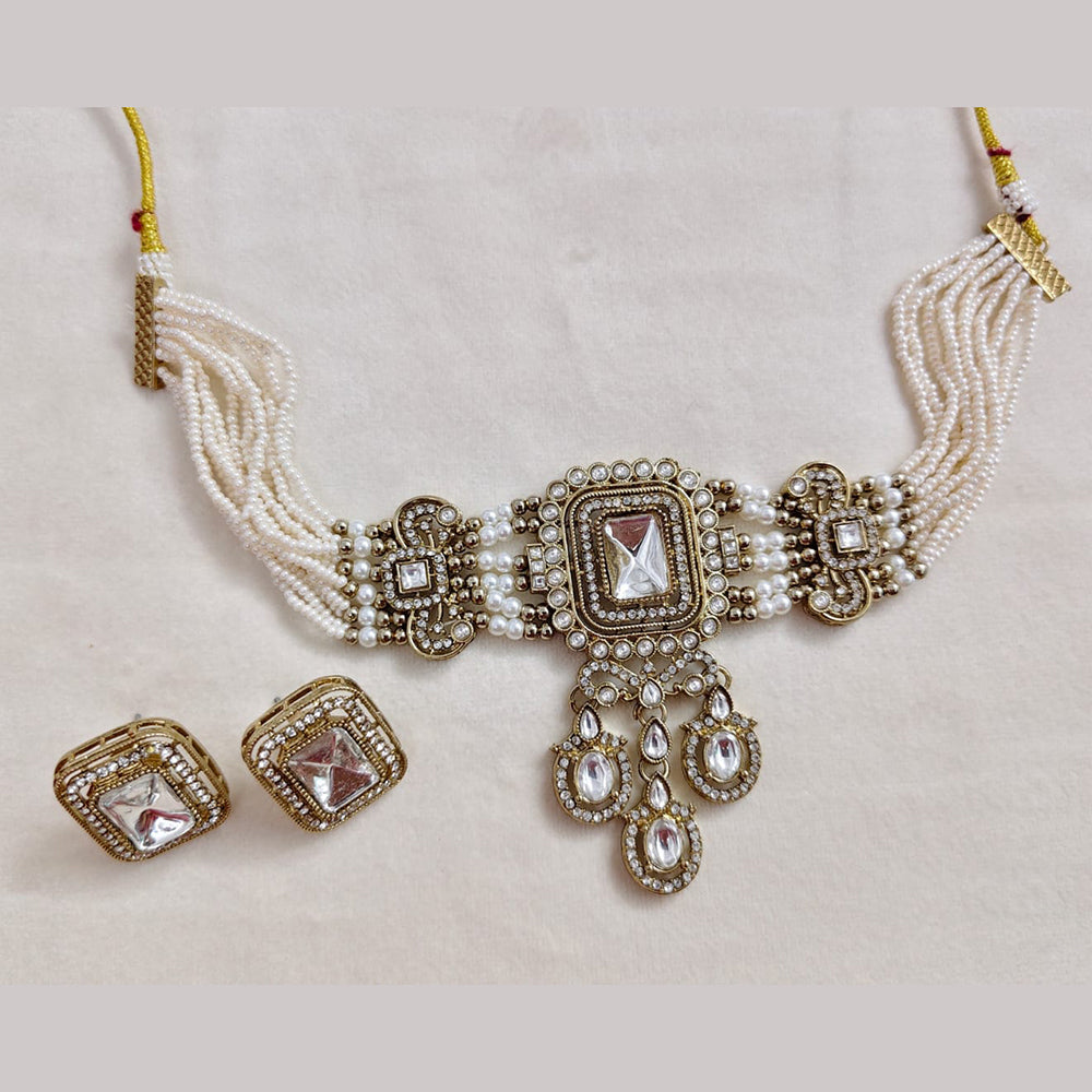 Rajwadi Collection Premium Pota Stone And Pearl Choker Necklace Set