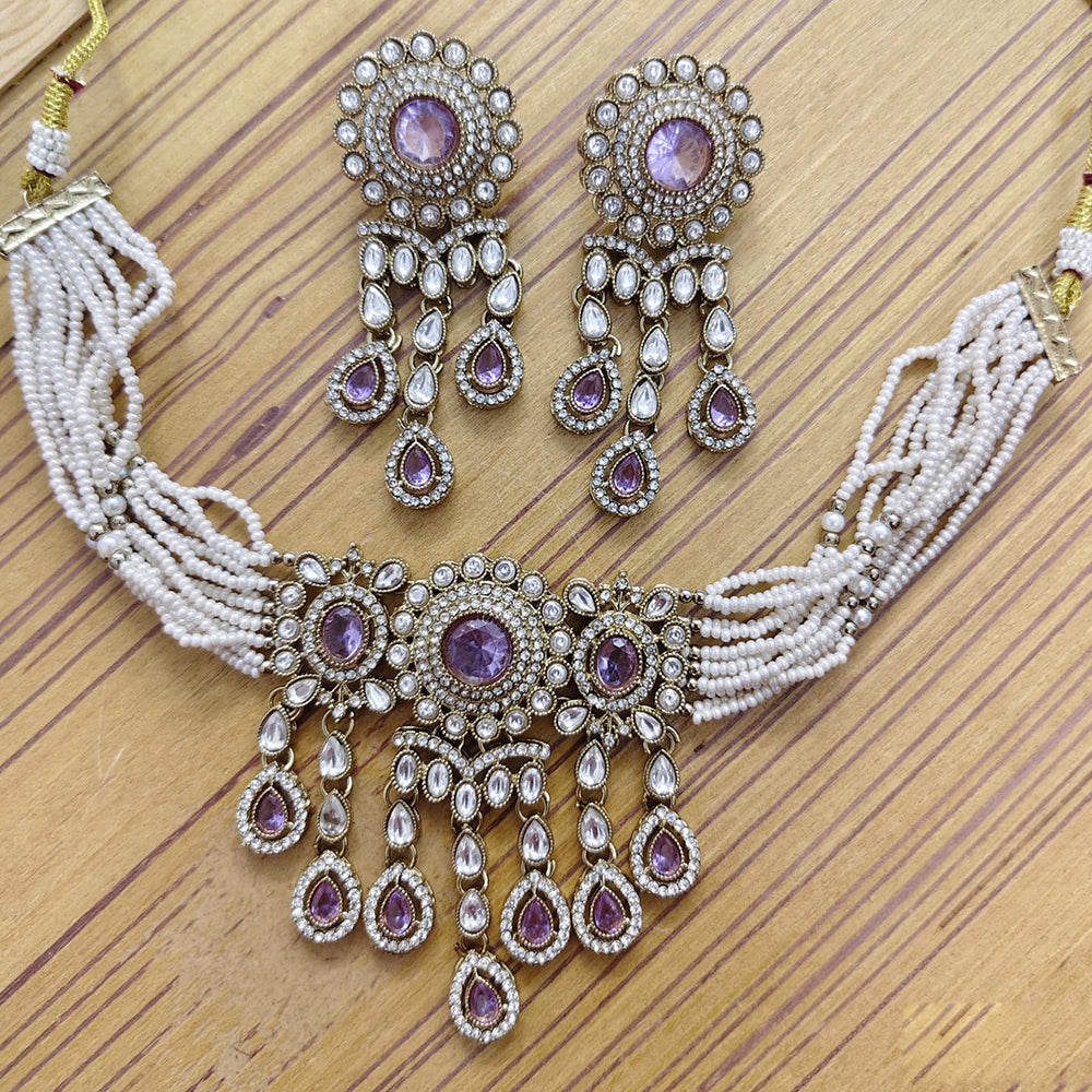 Rajwadi Collection Premium Pota Stone And Pearl Choker Necklace Set