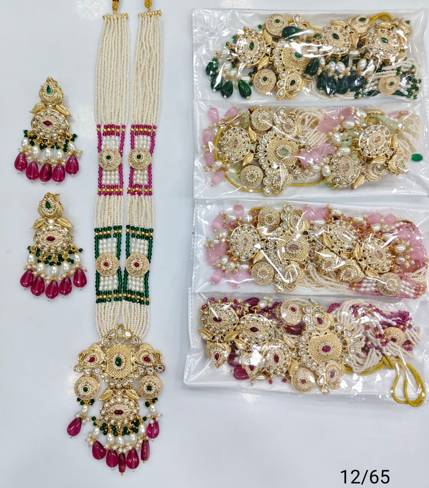 Rajwadi Collection Premium Pota Stone And Pearl Meenakari Long Necklace Set