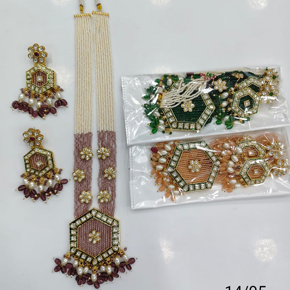 Rajwadi Collection Premium Pota Stone And Pearl Long Necklace Set