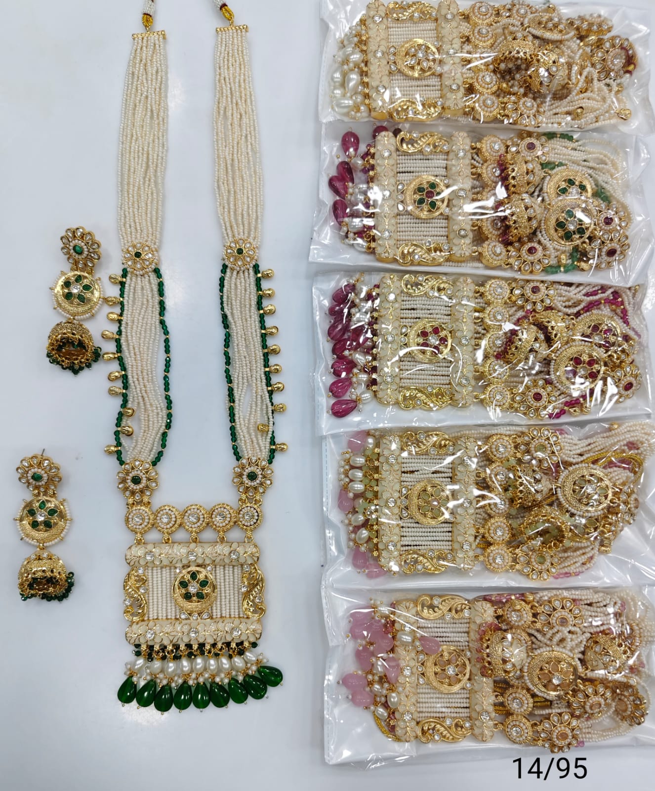 Rajwadi Collection Premium Pota Stone And Pearl Meenakari Long Necklace Set