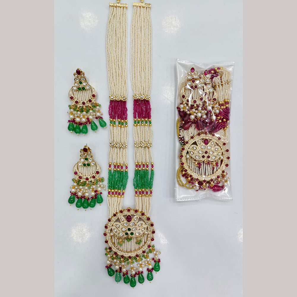 Rajwadi Collection Premium Pota Stone And Pearl Meenakari Long Necklace Set