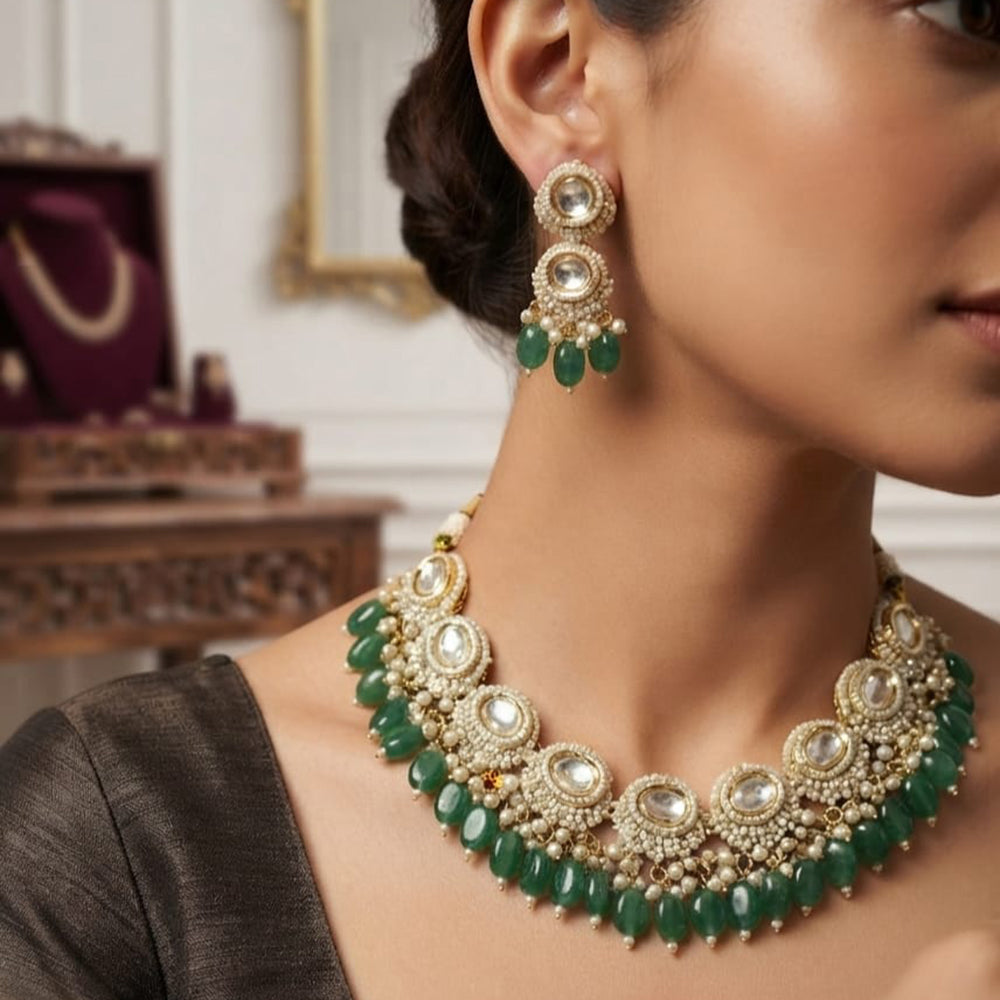 Rajwadi Collection Elegant Kundan Stone Pearl And Beads Necklace Set