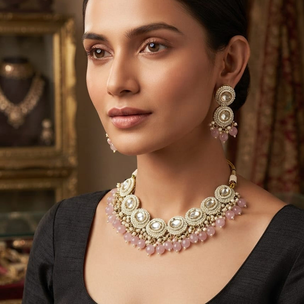 Rajwadi Collection Elegant Kundan Stone Pearl And Beads Necklace Set