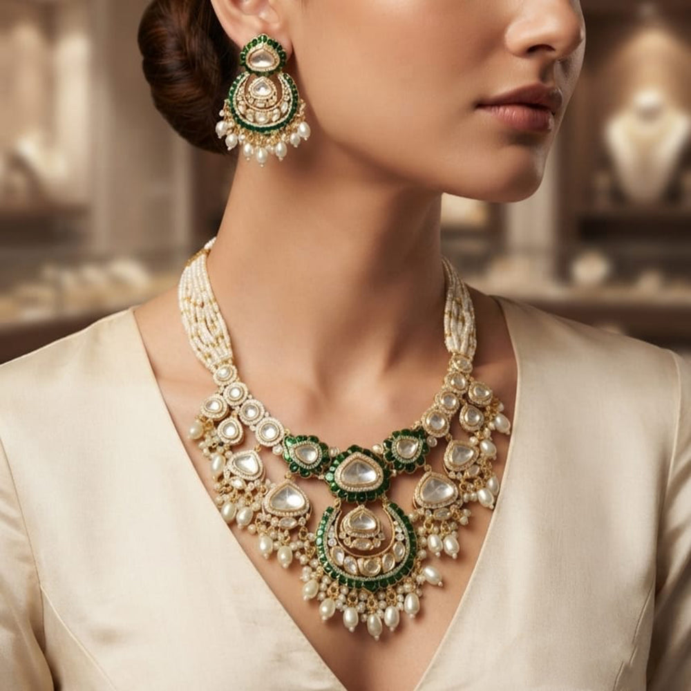 Rajwadi Collection Exquisite Polki Kundan Stone Pearl And Beads Necklace Set