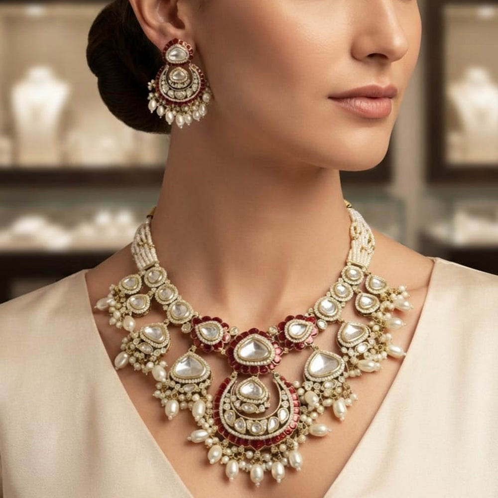 Rajwadi Collection Exquisite Polki Kundan Stone Pearl And Beads Necklace Set
