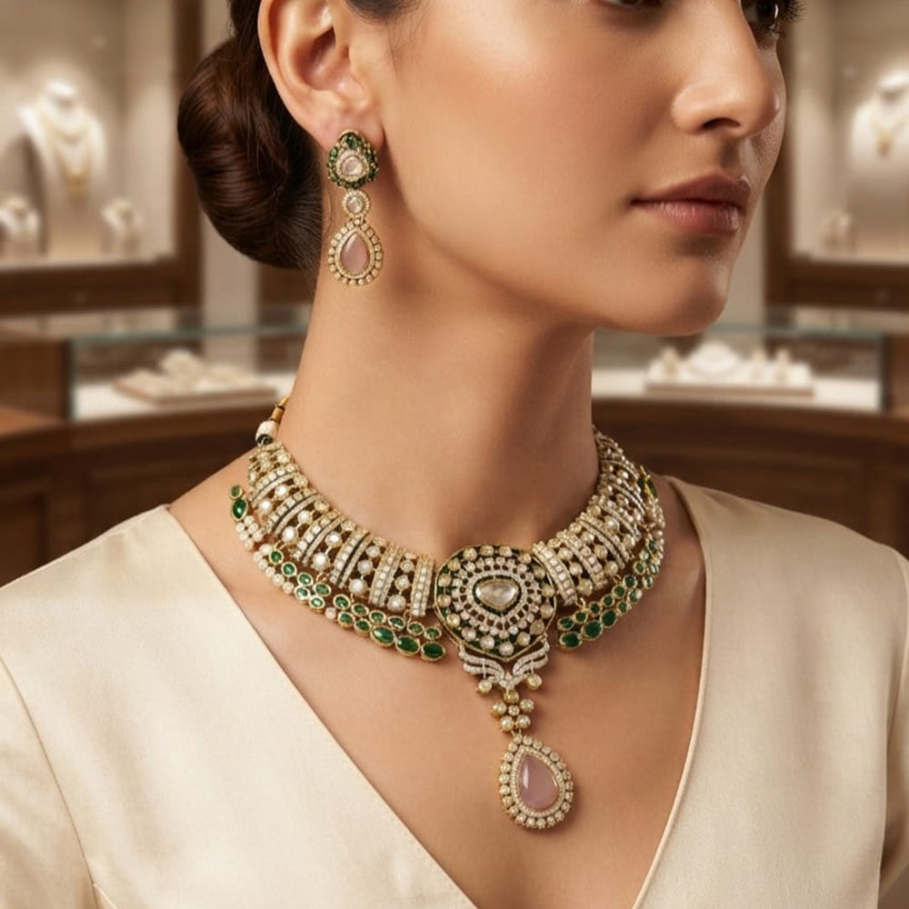 Rajwadi Collection Designer Polki Kundan Choker Necklace Set