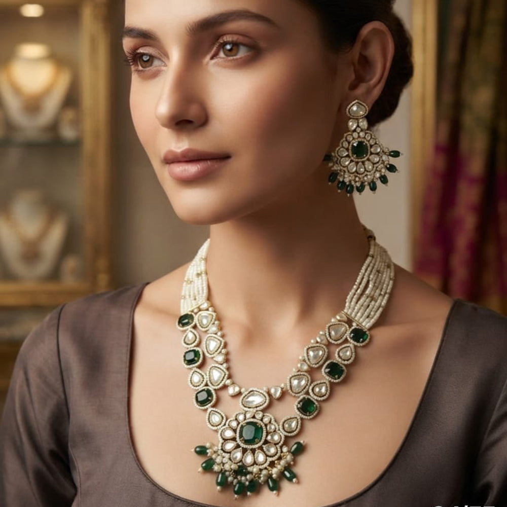 Rajwadi Collection Exquisite Polki Kundan Stone Pearl And Beads Necklace Set