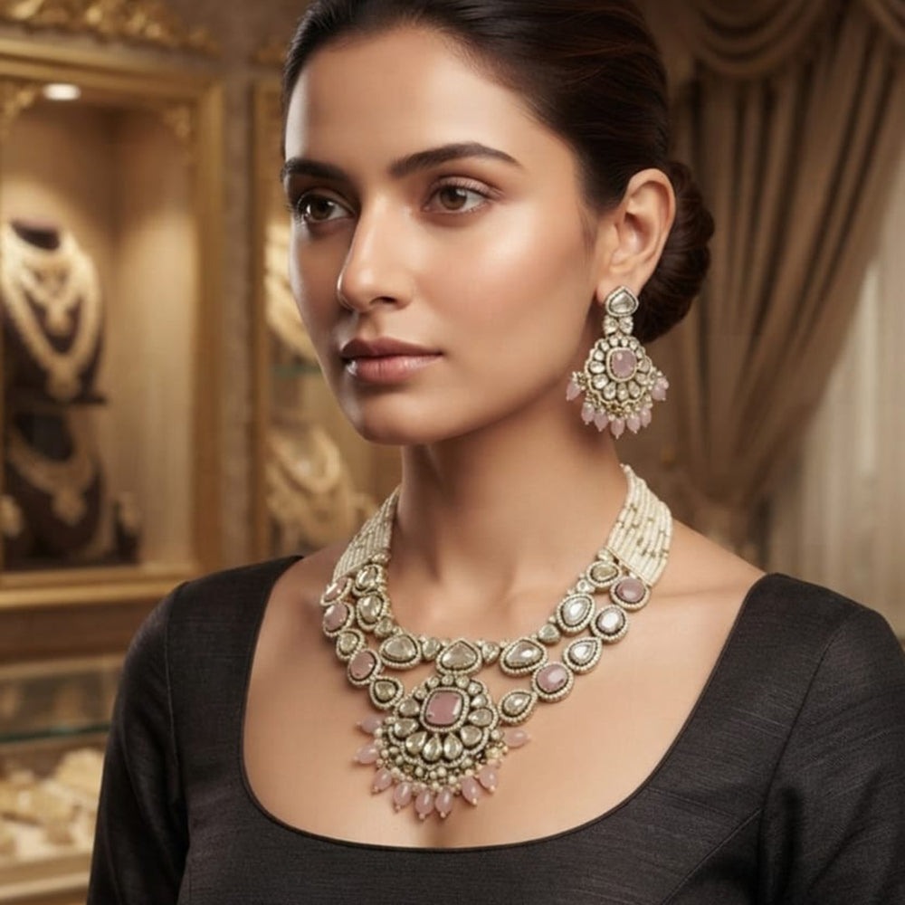 Rajwadi Collection Exquisite Polki Kundan Stone Pearl And Beads Necklace Set