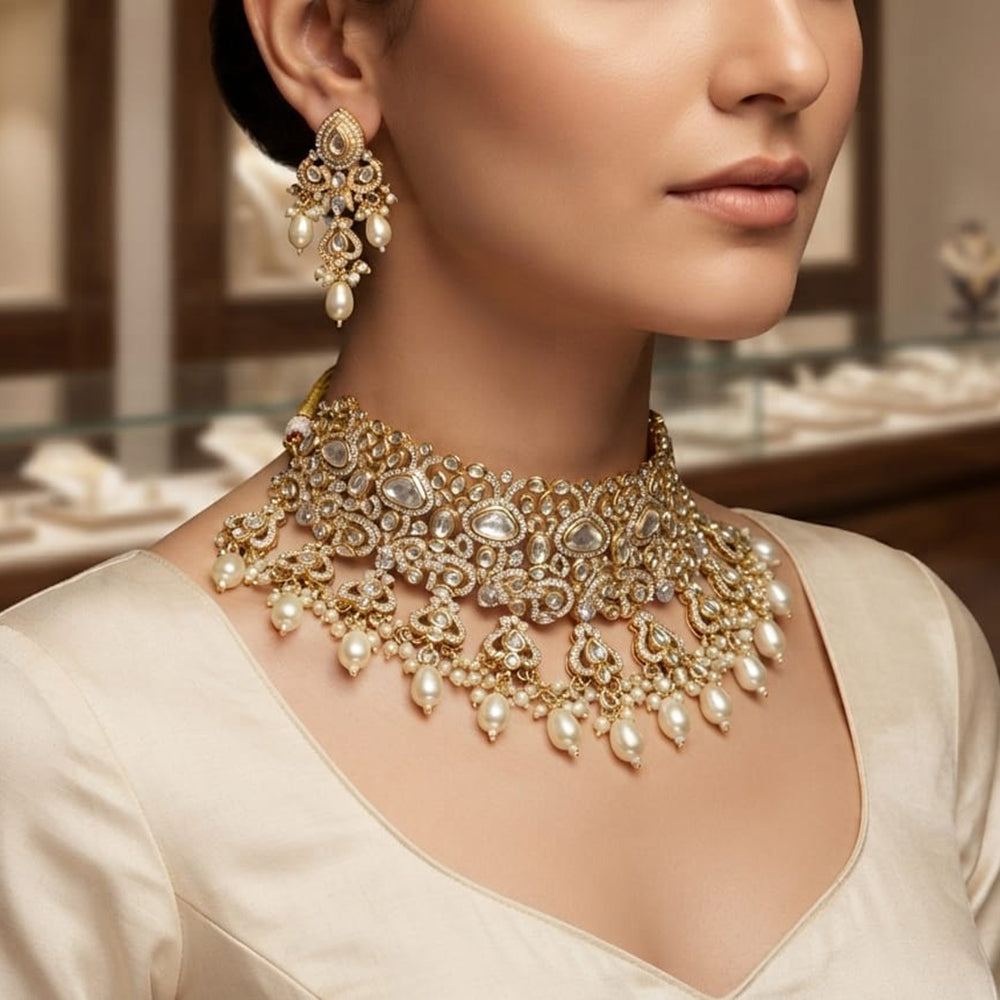 Rajwadi Collection Exquisite Polki Kundan Stone Pearl And Beads Choker Necklace Set