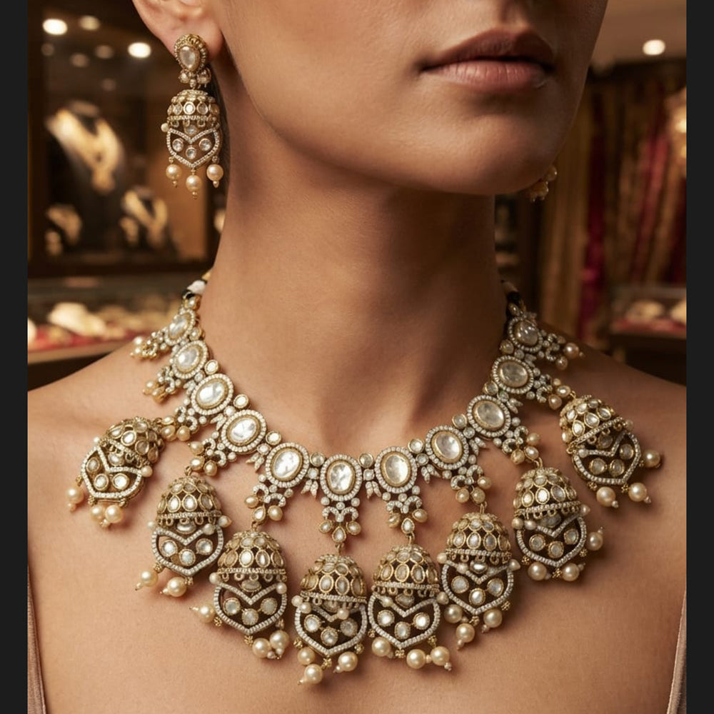 Rajwadi Collection Exquisite Polki Kundan Stone Pearl Necklace Set