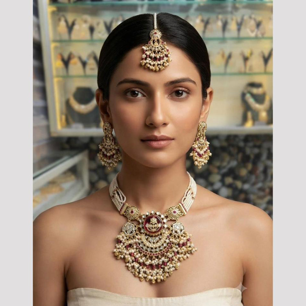 Rajwadi Collection Classic Kundan Stone And Pearl Choker Neckalce Set