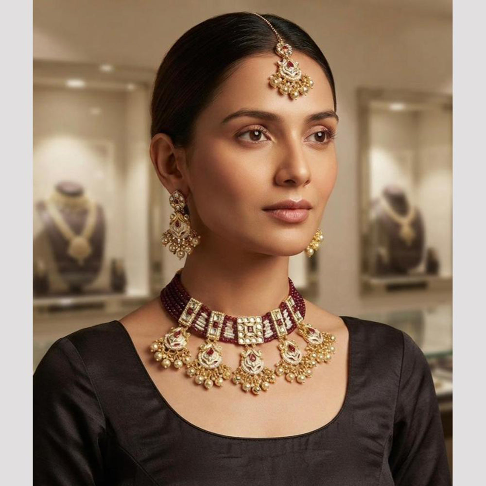 Rajwadi Collection Classic Kundan Stone And Pearl Choker Neckalce Set
