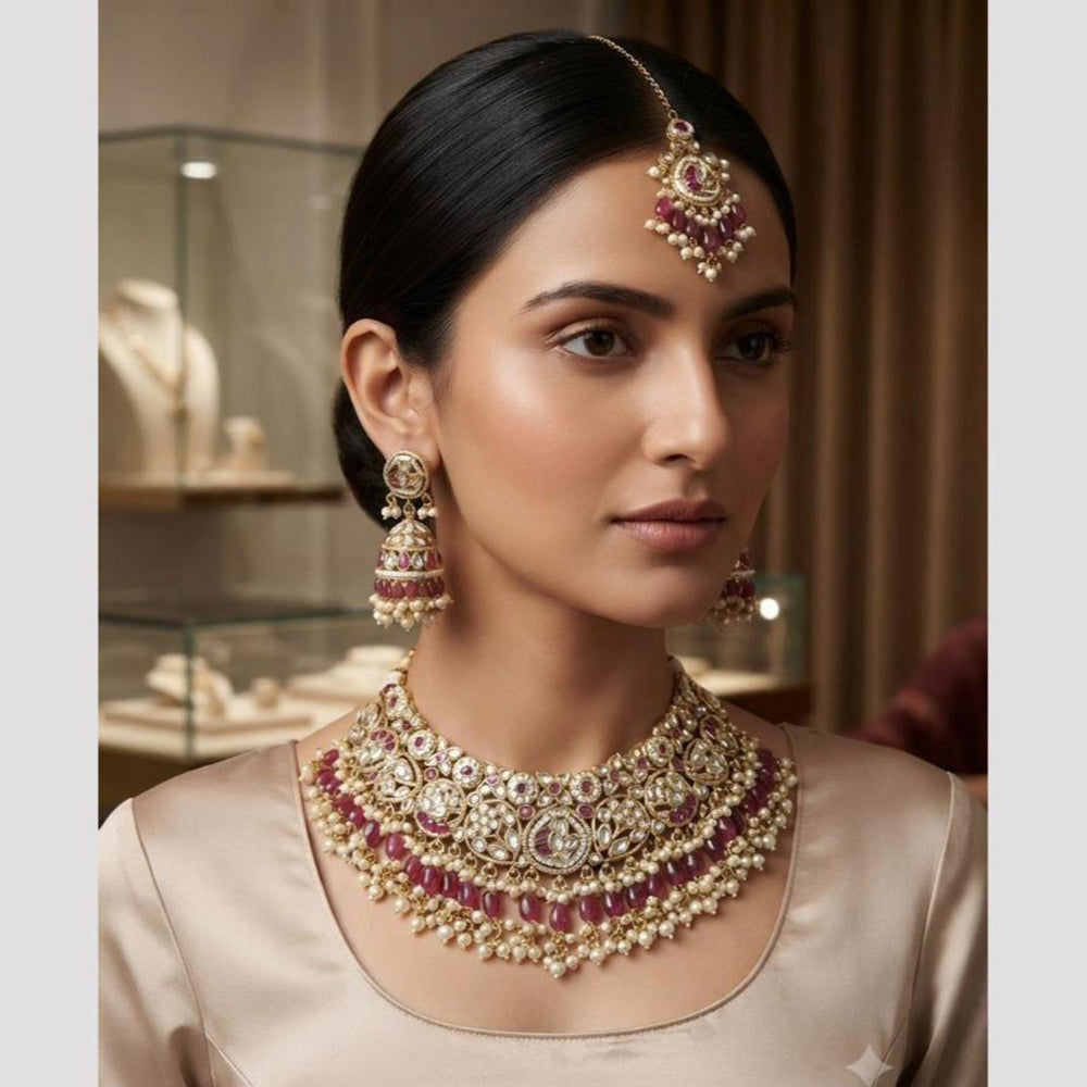 Rajwadi Collection Classic Kundan Stone And Pearl Choker Neckalce Set
