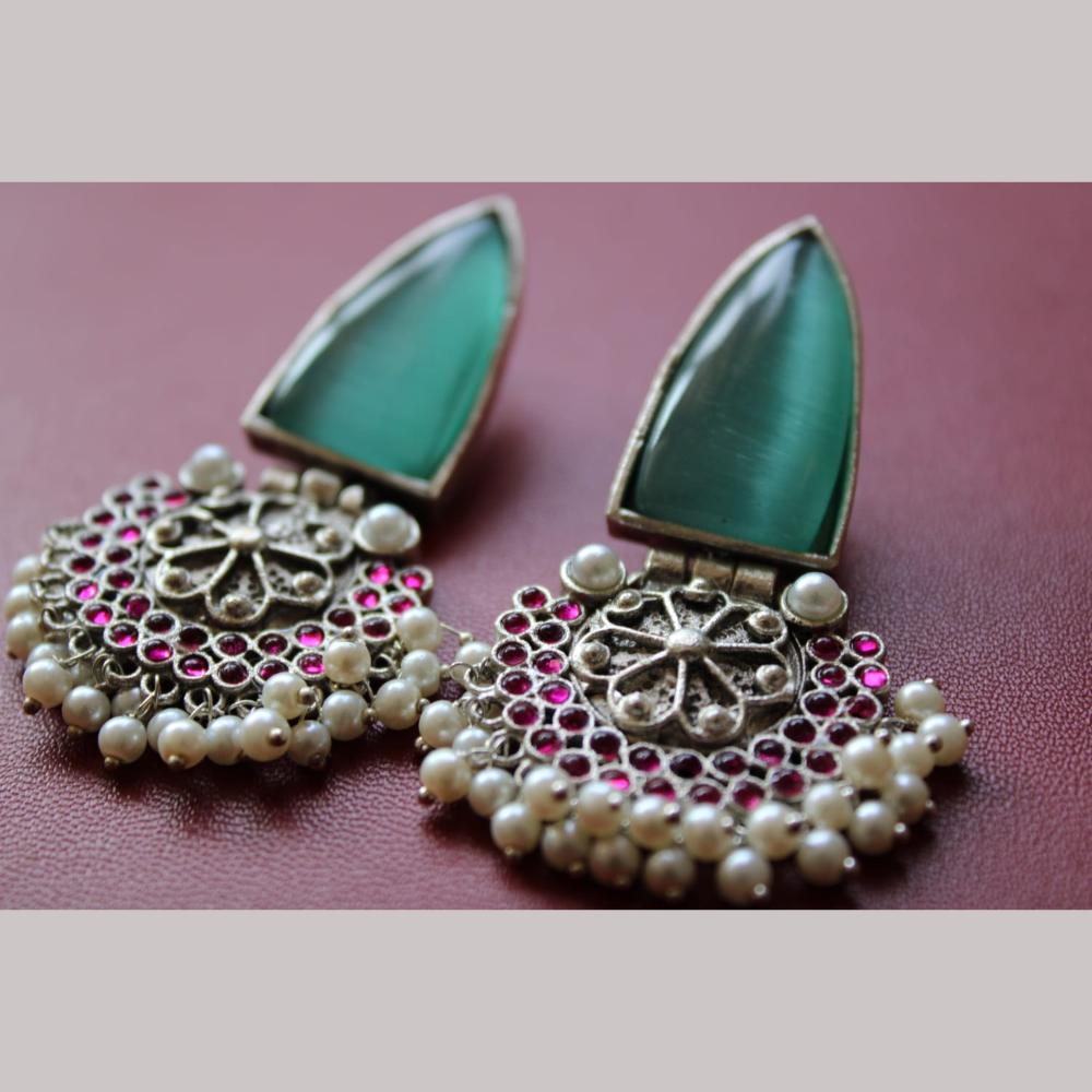 Maharani Jewels Oxidised Plated Pota Stone And Pearls Dangler Earrings