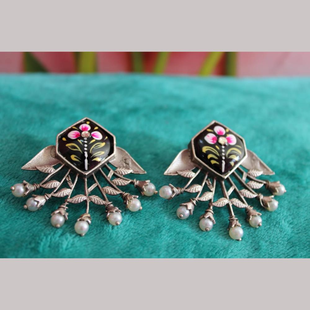 Maharani Jewels Oxidised Plated Pota Stone And Pearls Dangler Earrings