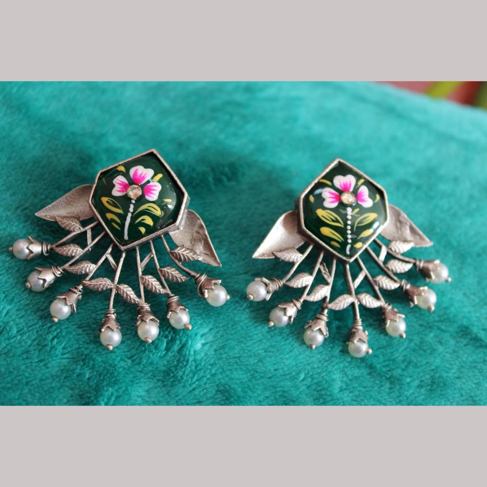 Maharani Jewels Oxidised Plated Pota Stone And Pearls Dangler Earrings