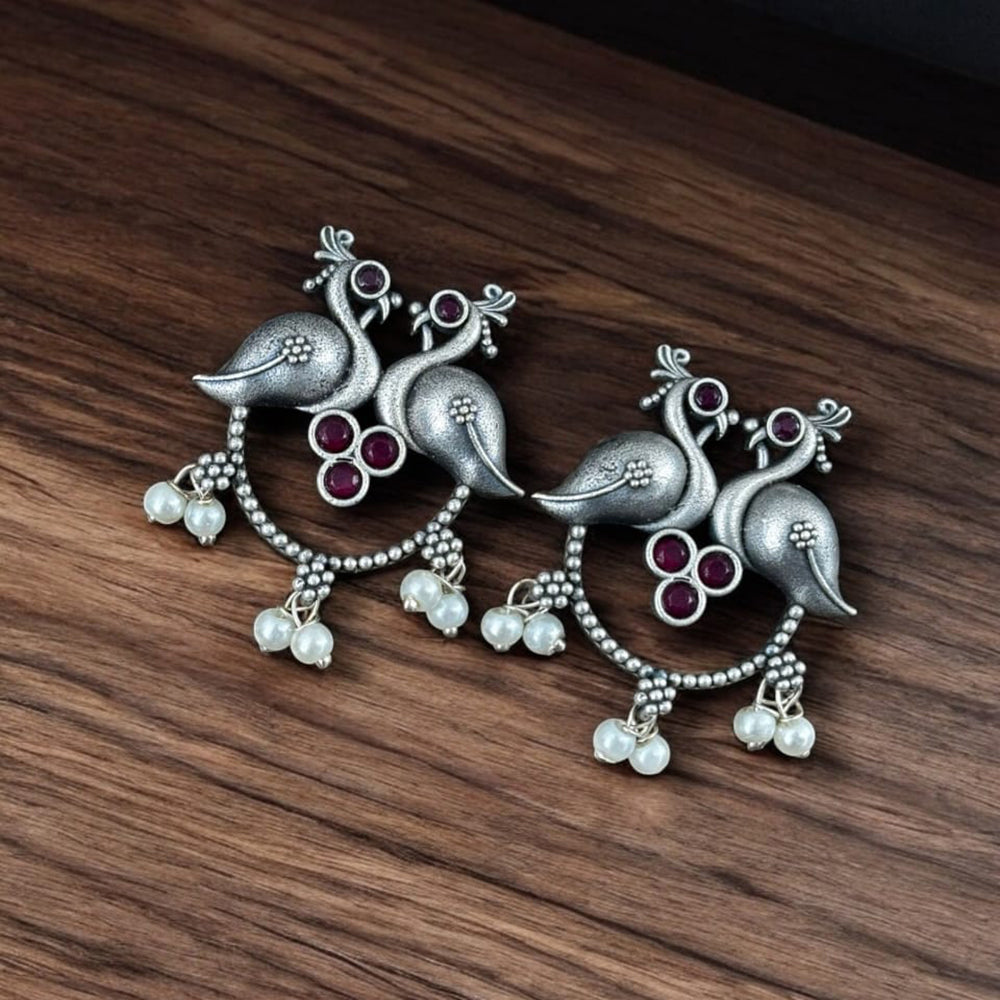 Maharani Jewels Silver Plated Pota Stone Peacock Dangler Earrings