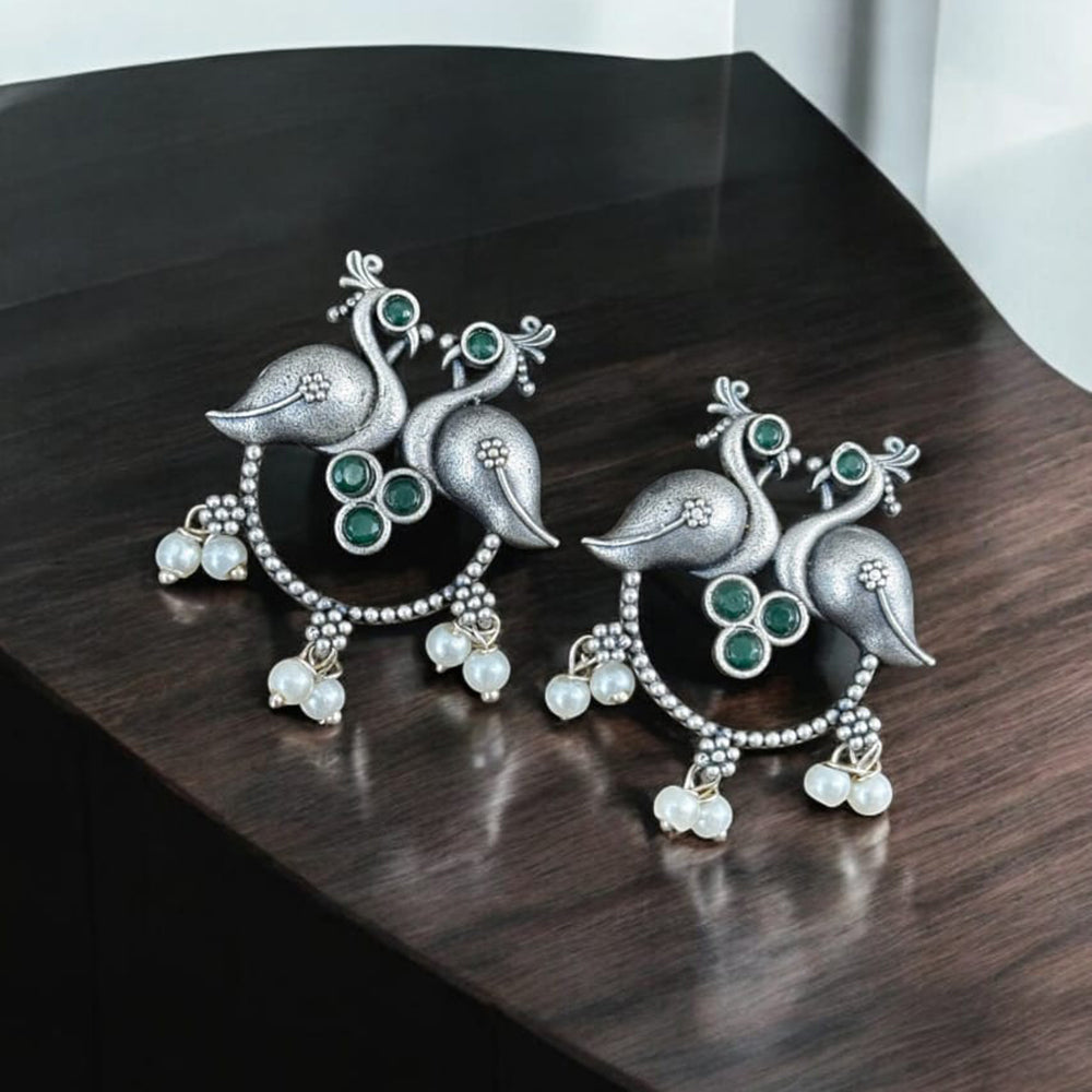 Maharani Jewels Silver Plated Pota Stone Peacock Dangler Earrings