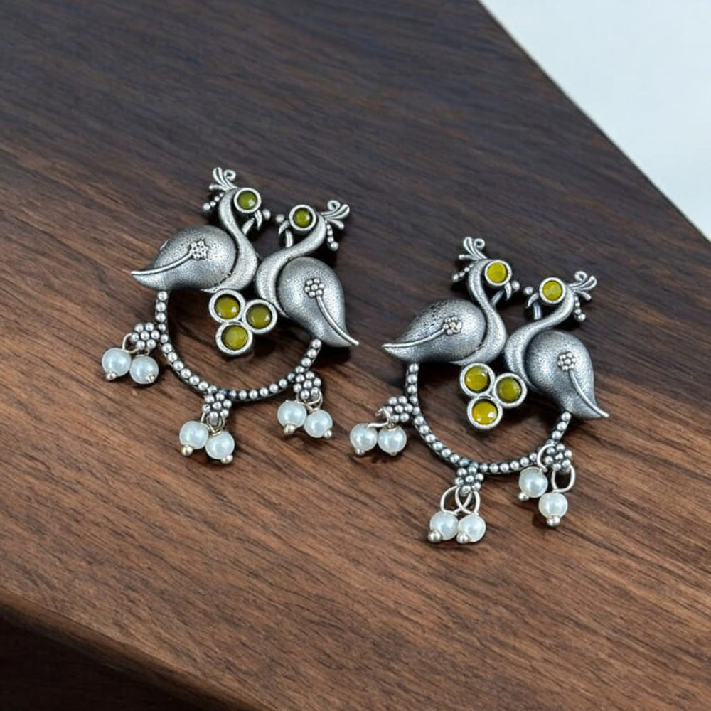 Maharani Jewels Silver Plated Pota Stone Peacock Dangler Earrings