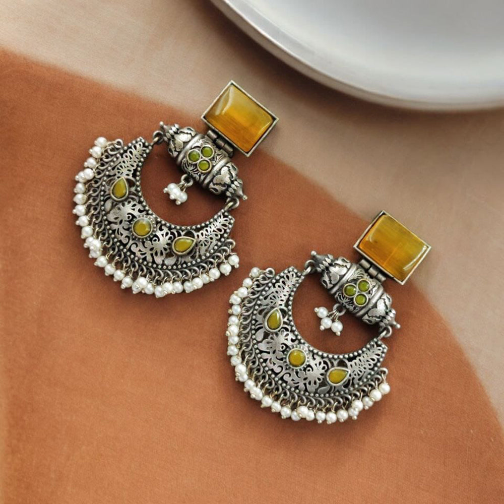Maharani Jewels Oxidised Plated Pota Stone And Pearl Dangler Earrings