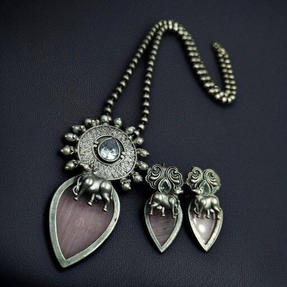Maharani Jewels Oxidised Plated Pota Stone And Pearls Long Necklace Set