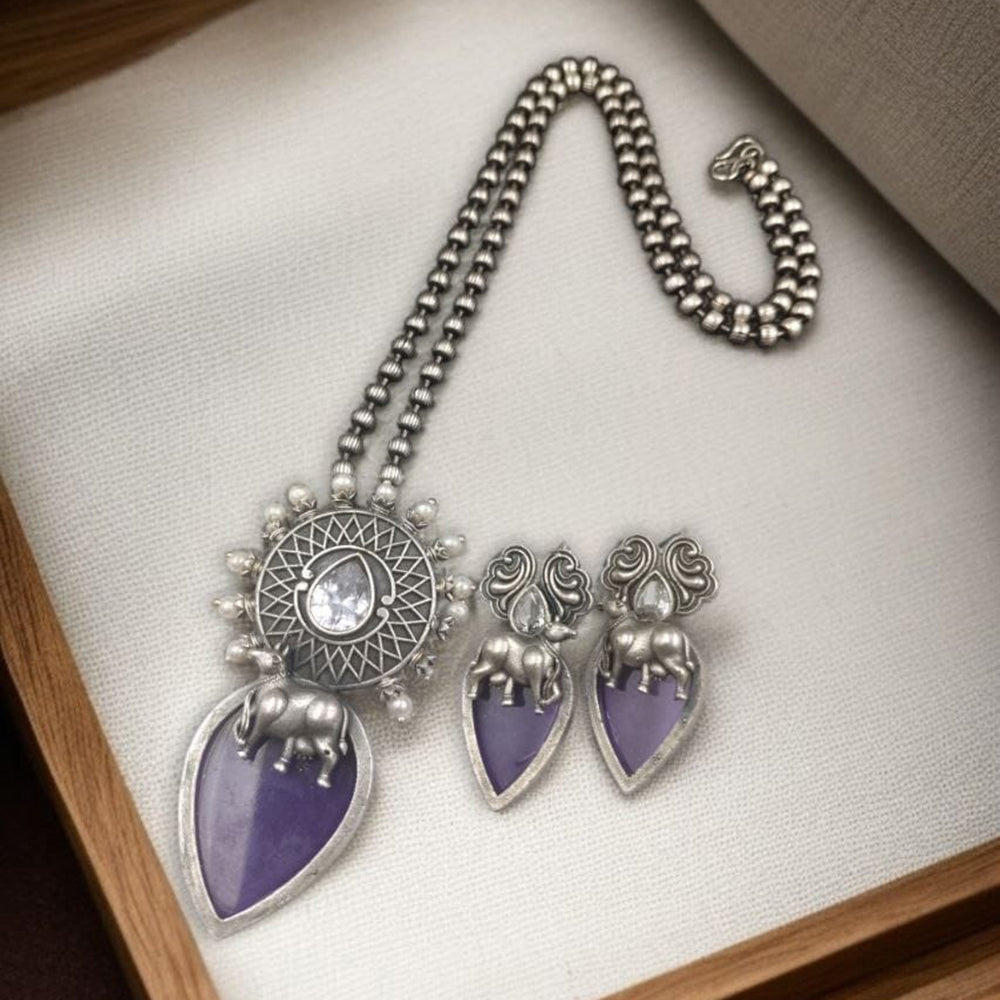 Maharani Jewels Oxidised Plated Pota Stone And Pearls Long Necklace Set